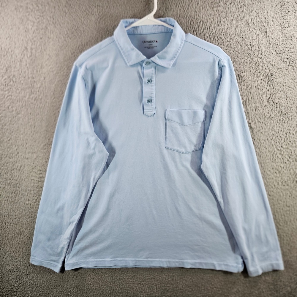 UNTUCKit Mens Large Light Blue Long Sleeve Polo Shirt Cotton Blend Pocket